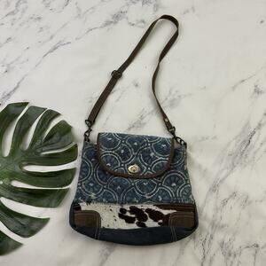 Myra Bag Cross Body Purse Patchwork Canvas Leather Brown Blue Boho Calf Hair